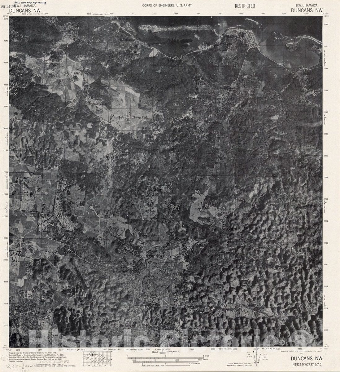 Map : Duncans NW, Jamaica 1942, Jamaica B.W.I. 1:62,500, Antique Vintage Reproduction
