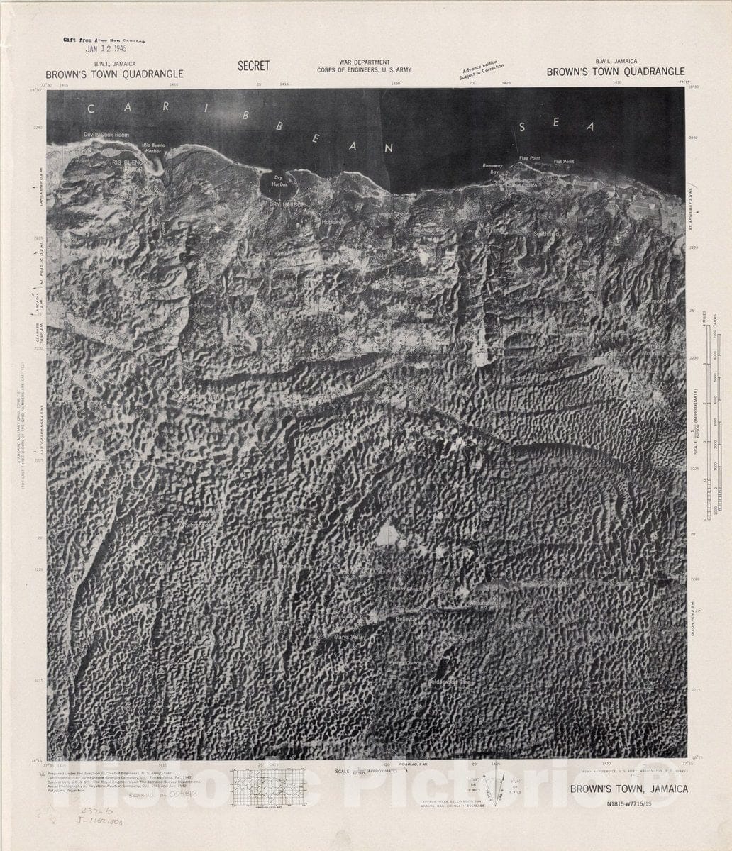 Map : Brown's Town quadrangle, Jamaica 1942, Jamaica B.W.I. 1:62,500, Antique Vintage Reproduction