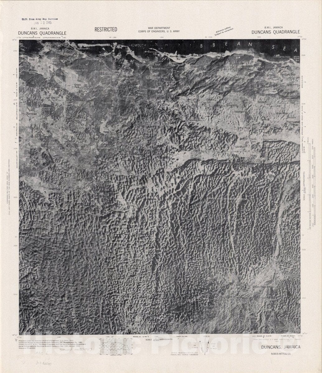 Map : Duncans quadrangle, Jamaica 1942, Jamaica B.W.I. 1:62,500, Antique Vintage Reproduction