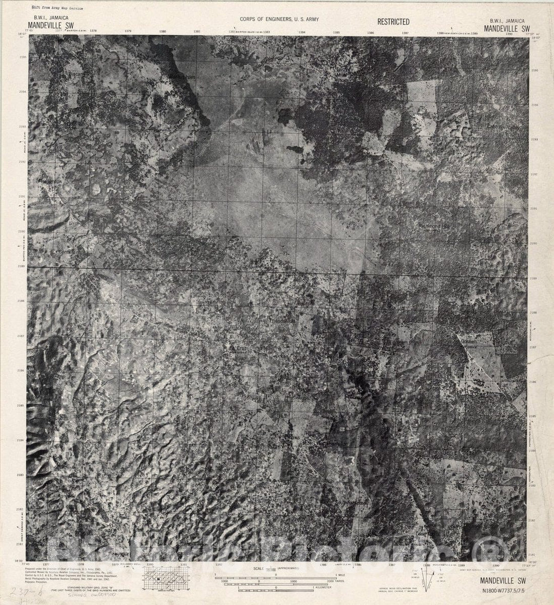 Map : Mandeville SW, Jamaica 1942, Jamaica B.W.I. 1:62,500, Antique Vintage Reproduction