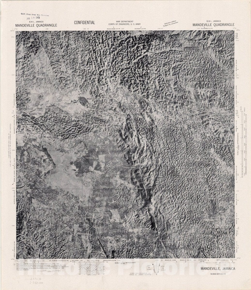 Map : Mandeville quadrangle, Jamaica 1942, Jamaica B.W.I. 1:62,500, Antique Vintage Reproduction