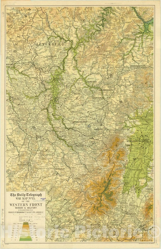Map : Western Front 1916, The Daily Telegraph war map no. 15 : of the western front, Verdun to Belfort , Antique Vintage Reproduction