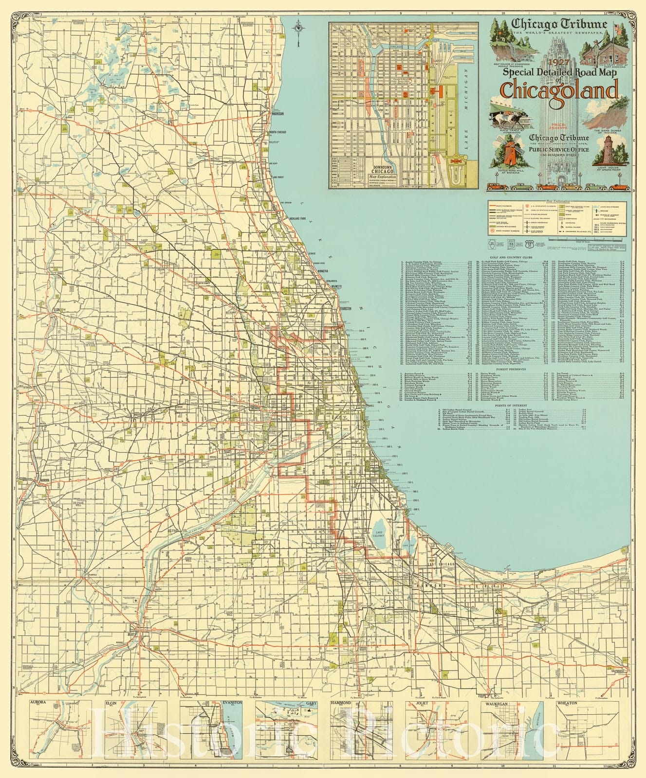 Map : Chicago, Illinois 1927 2, 1927 special detailed road map of Chicagoland , Antique Vintage Reproduction