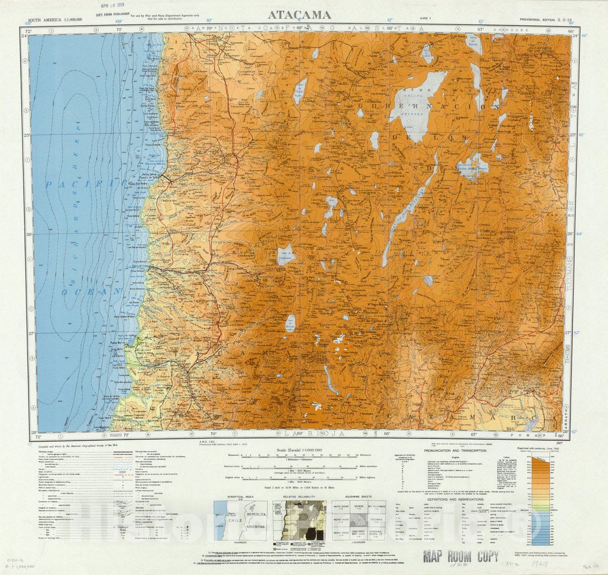 Map : Atacama 1947, South America 1:1,000,000 Atacama S.G. 19 , Antique Vintage Reproduction