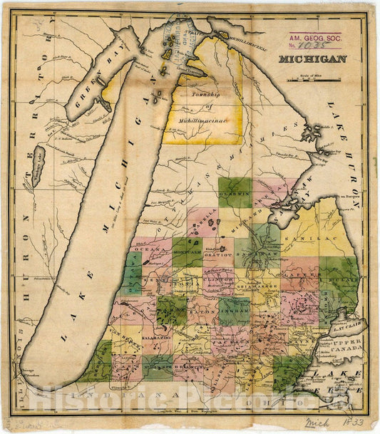Map : Michigan 1833, Michigan, Antique Vintage Reproduction