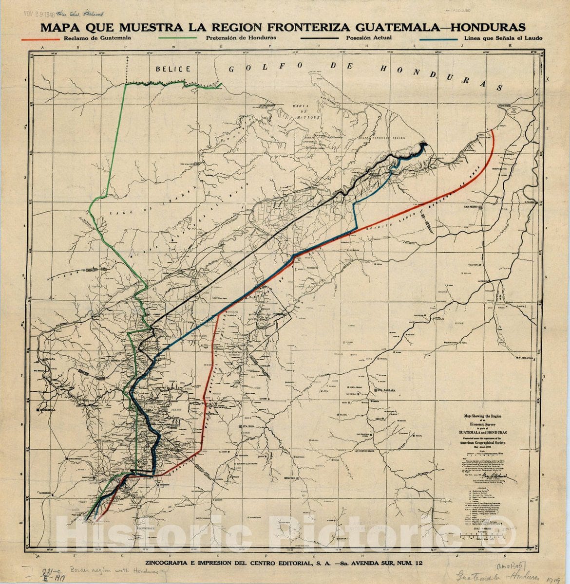 Map : Guatemala - Honduras 1919, Mapa que muestra la region fronteriza Guatemala-Honduras, Antique Vintage Reproduction