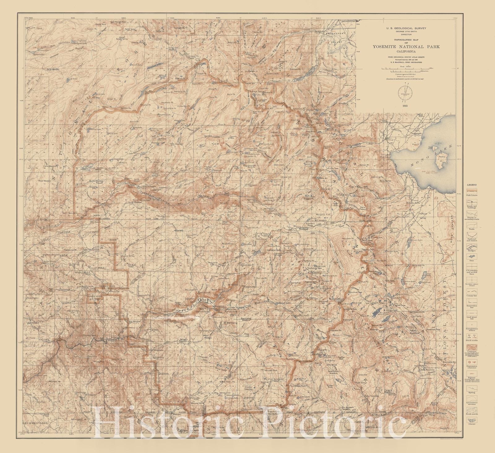 Map : Yosemite National Park (California) 1915, topographic map, Topographic map of Yosemite National Park, California , Antique Vintage Reproduction