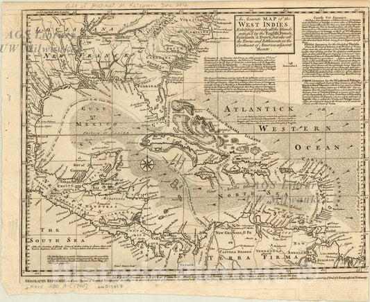 Map : West Indies 1740, Antique Vintage Reproduction