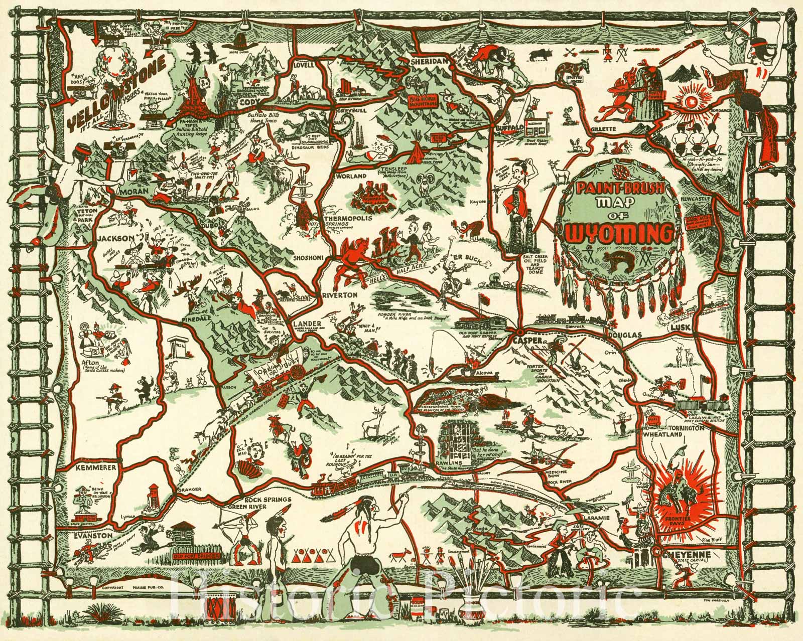 Map : Wyoming, USA 194-, Paint-brush map of Wyoming , Antique Vintage Reproduction