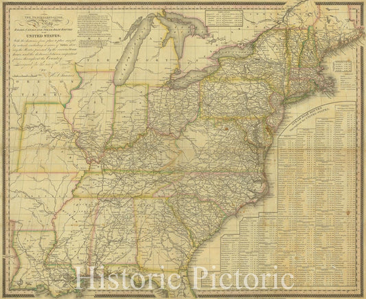 Map : Eastern United States 1825, Map of the roads, canals and steam boat routes of the United States : with the distances from place to place carefully noticed ...