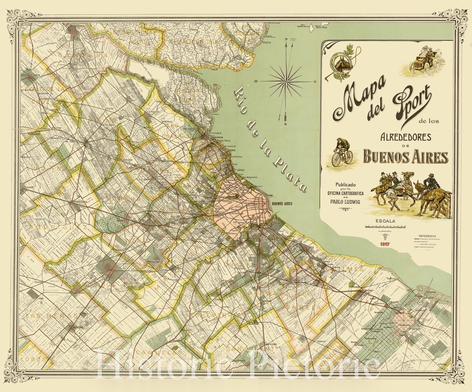 Map : Buenos Aires, Argentina 1917, Mapa de sport de los alrededores de Buenos Aires , Antique Vintage Reproduction