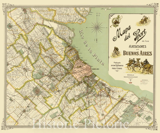 Map : Buenos Aires, Argentina 1917, Mapa de sport de los alrededores de Buenos Aires , Antique Vintage Reproduction
