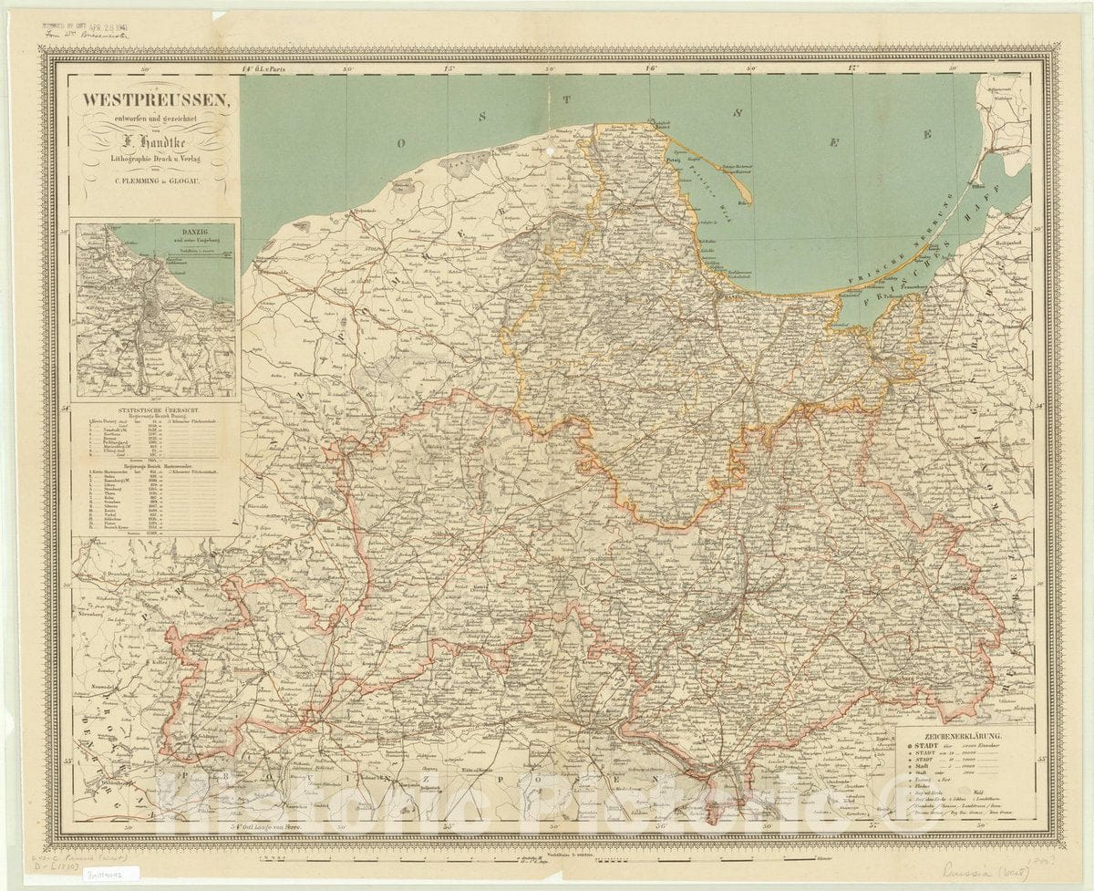 Map : Prussia, West 1860, Westpreussen , Antique Vintage Reproduction