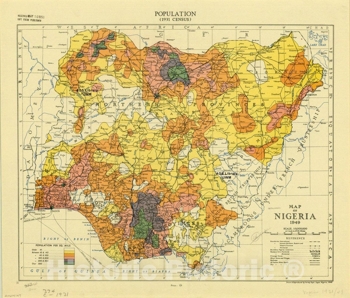 Map : Nigeria 1949, Map of Nigeria : population (1931 census) , Antique Vintage Reproduction