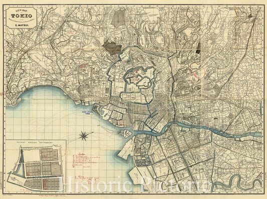 Map : Tokyo, Japan 1888, New map of Tokio : divided into ninth ri sections for measuring distances , Antique Vintage Reproduction