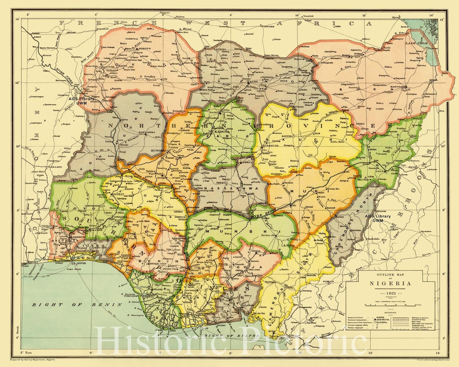 Map : Nigeria 1921, Outline map of Nigeria 1921 , Antique Vintage Reproduction