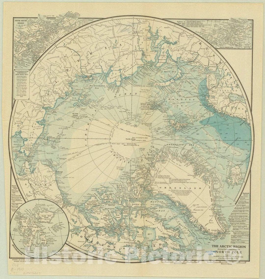 Map : Arctic 1907, The Arctic region showing exploations towards the North Polar , Antique Vintage Reproduction