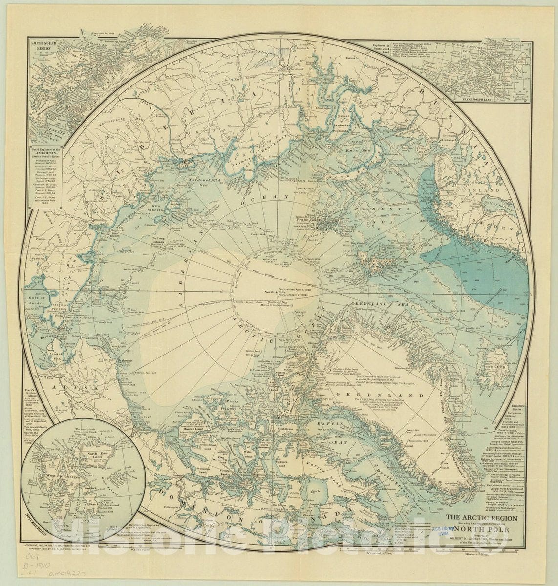 Map : Arctic 1907, The Arctic region showing exploations towards the North Polar , Antique Vintage Reproduction