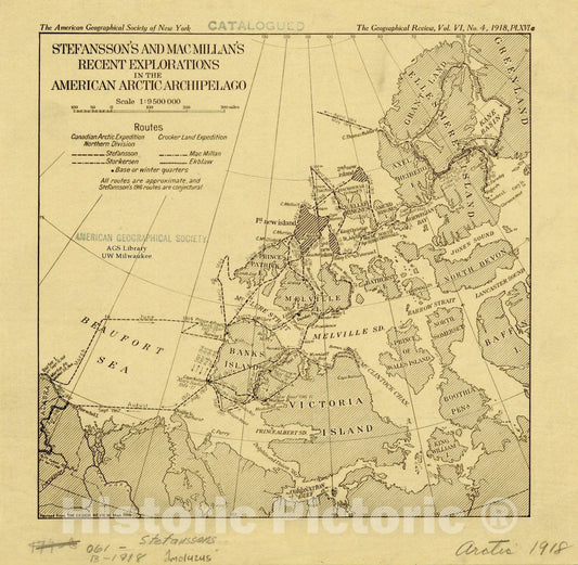 Map : Arctic region 1918, Stefansson's and MacMillan's recent explorations in the American Arctic archipelago , Antique Vintage Reproduction