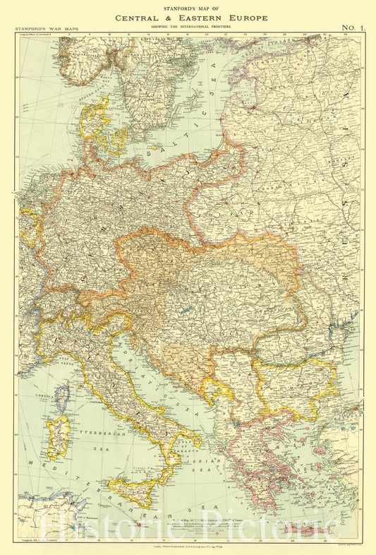 Map : Europe 1914, Stanford's map of central & eastern Europe : showing the international frontiers, Antique Vintage Reproduction