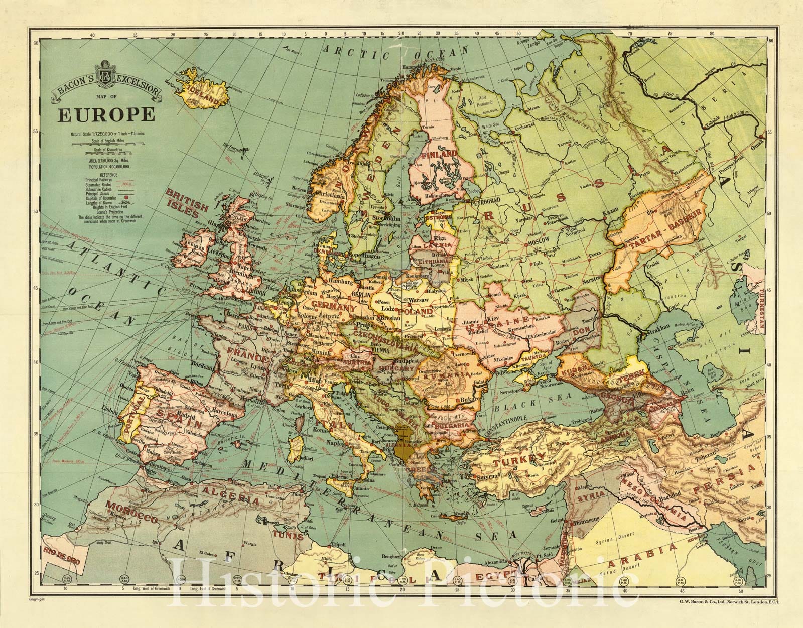 Map : Europe 1920, Bacon's excelsior map of Europe, Antique Vintage Reproduction