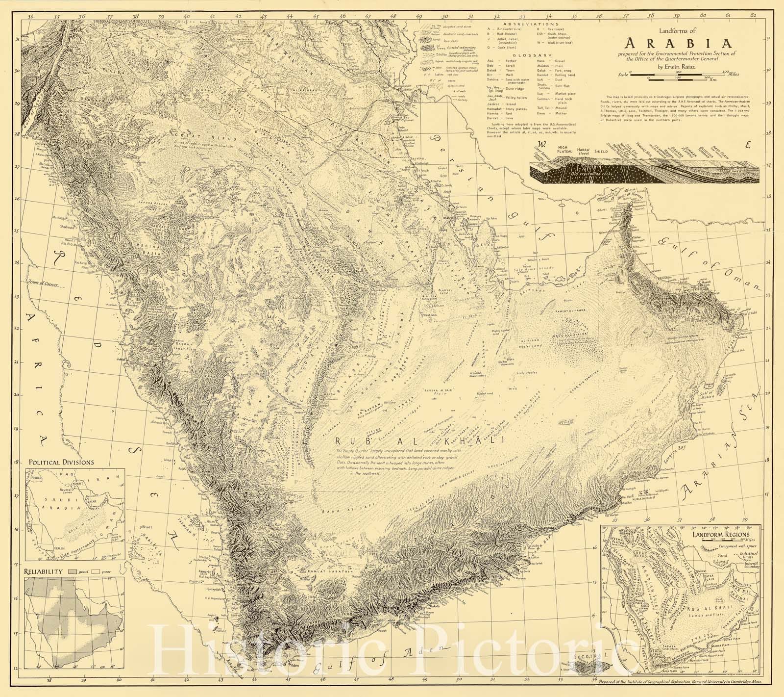 Map : Saudi Arabia 1951, Landforms of Arabia , Antique Vintage Reproduction