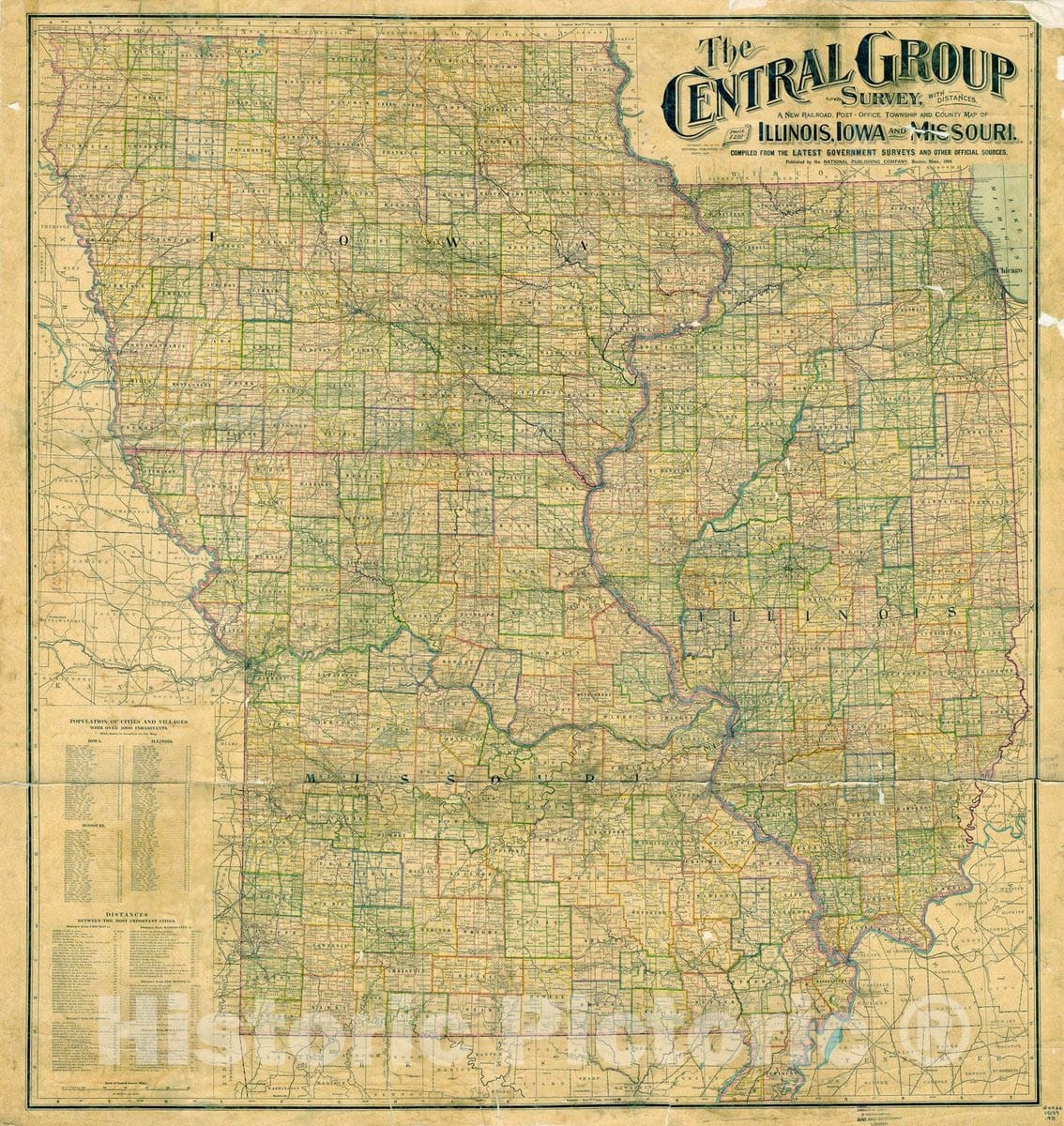 Map : Illinois, Iowa and Missouri 1899, Antique Vintage Reproduction