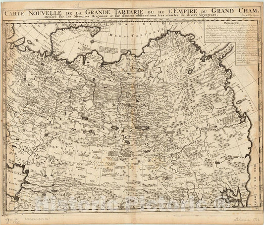 Map : Asia 1732, Carte nouvelle d la grande tartarie ou de L'Empire du Grand Cham, dressee sur les Memoires Originaux, Antique Vintage Reproduction