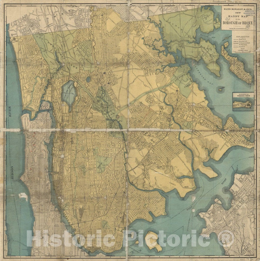 Map : Bronx (New York) 1909, Rand McNally and Company's new handy map of the Borough of Bronx, Antique Vintage Reproduction