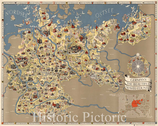 Map : Germany 1936, Germany, the beautiful travel country, Antique Vintage Reproduction