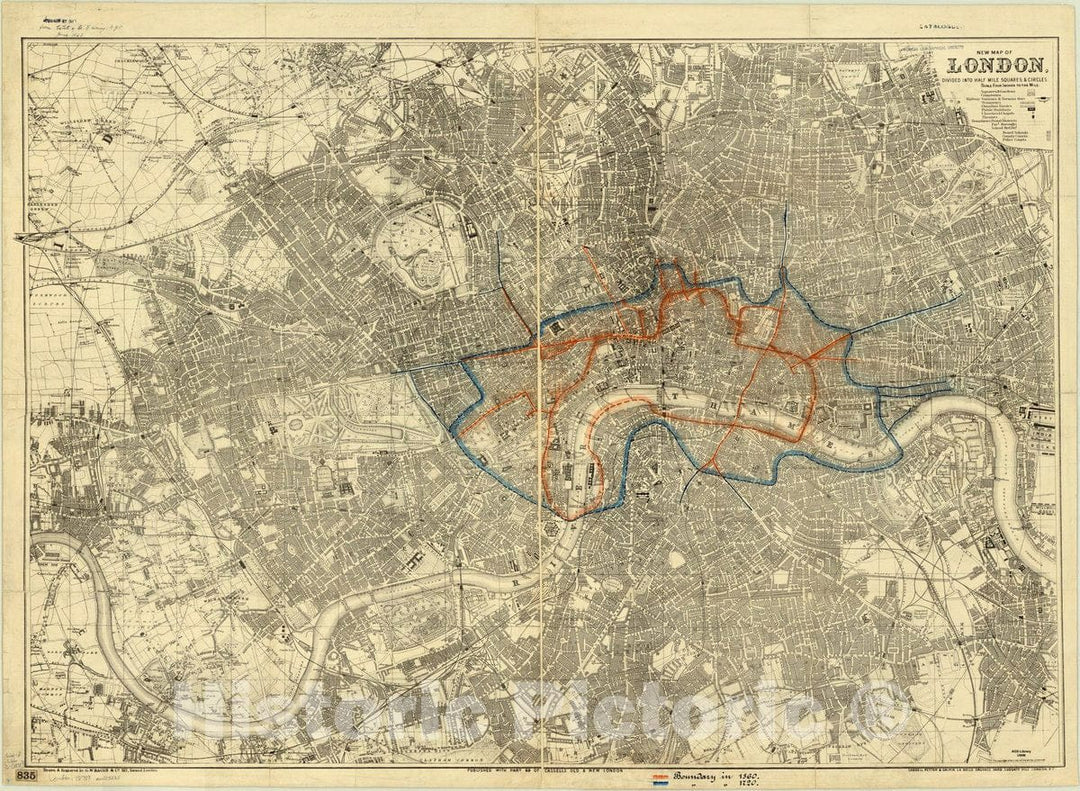 Map : London, England 1875, New map of London, divided into half mile squares and circles , Antique Vintage Reproduction