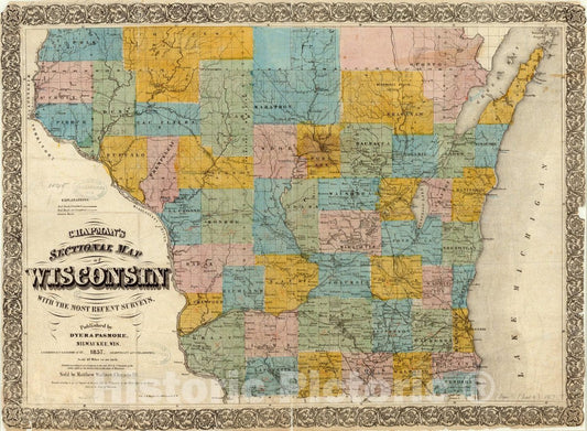 Map : Wisconsin 1857, Chapman's sectional map of Wisconsin : with the most recent surveys , Antique Vintage Reproduction