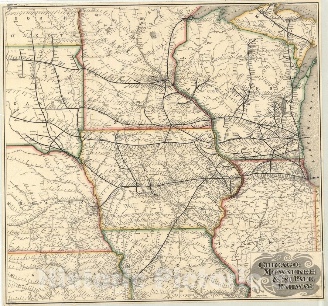Map : Chicago, Milwaukee & St. Paul Railway 1901, Chicago, Milwaukee & St. Paul Railway , Antique Vintage Reproduction