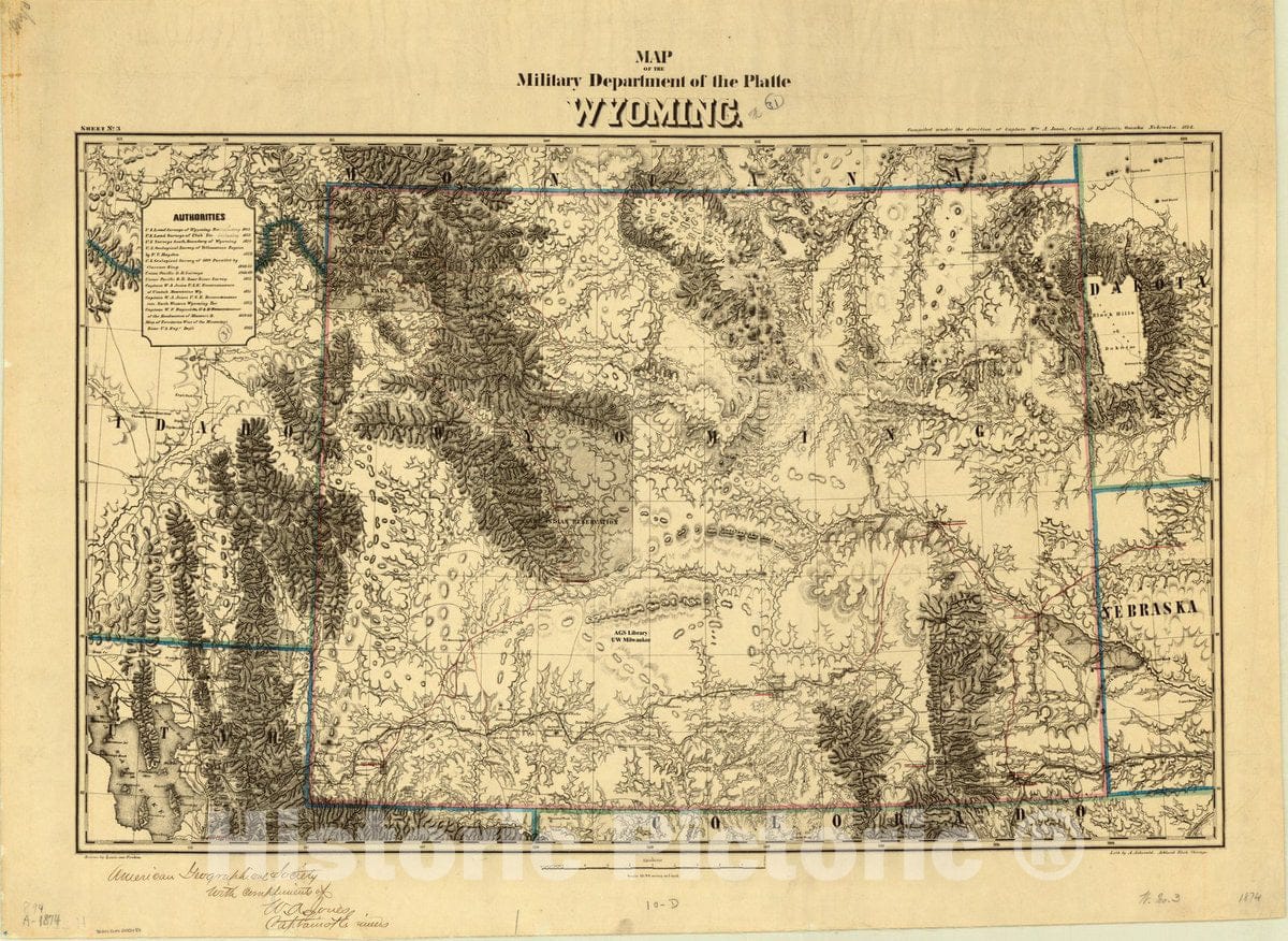 Map : Platte, Wyoming 1874, Map of the Military Department of the Platte, Wyoming , Antique Vintage Reproduction