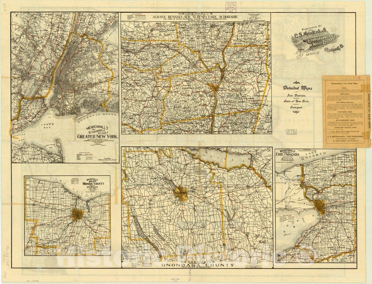 Historic Map : New York 1904 1, Mendenhall's guide and road map of New York : showing main touring routes, good & common roads, railroads, towns &c., Antique Vintage Reproduction
