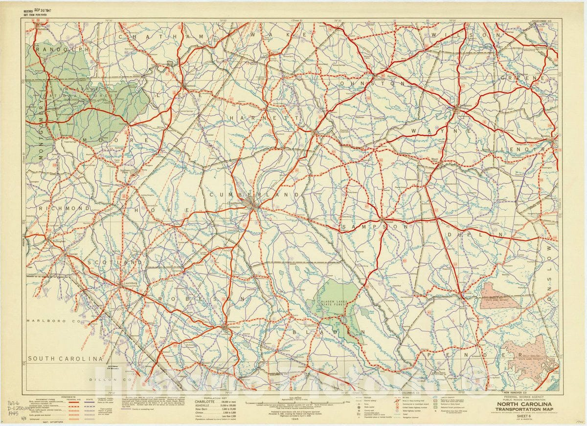 Map : North Carolina 1945 7, North Carolina transportation map : Highways, railroads, canals, air lanes, and navigation channels, Antique Vintage Reproduction