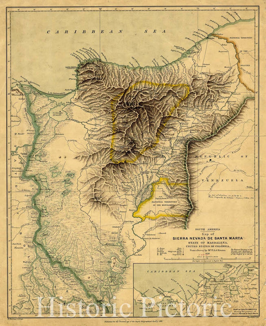 Map : Sierra Nevada de Santa Marta (Colombia) 1881, South America map of Sierra Nevada de Santa Marta, State of Magdalena, United States of Colombia