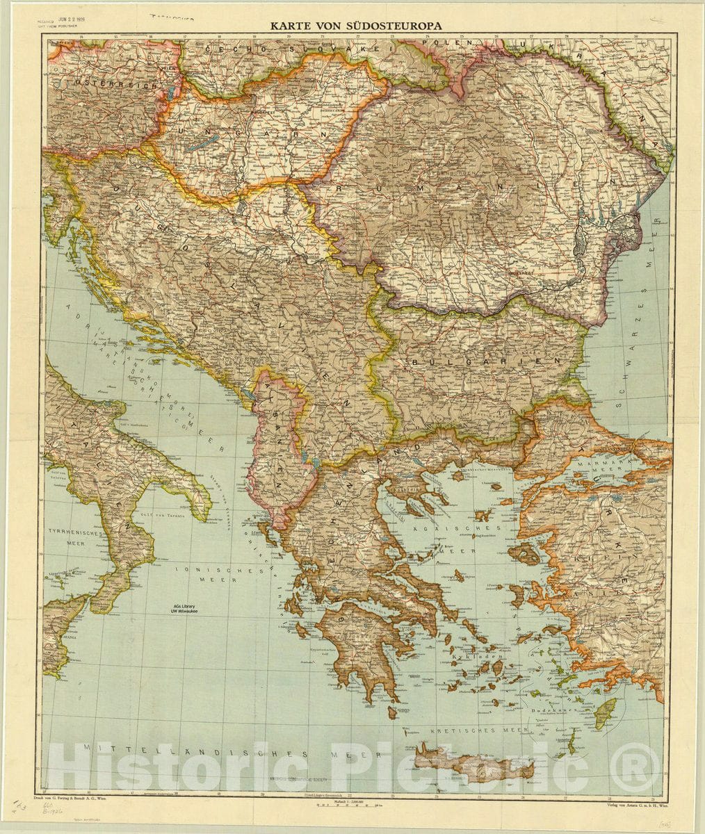 Map : Balkan Peninsula 1926, Karte von Sudosteuropa , Antique Vintage Reproduction