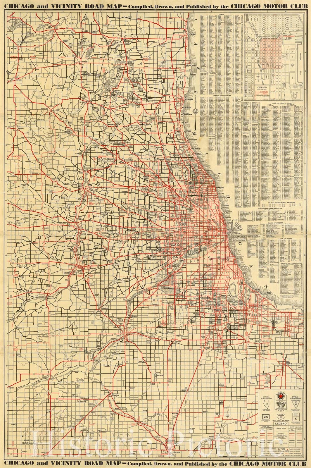 Map : Chicago, Illinois 1930 2, Chicago and vicinity road map , Antique Vintage Reproduction