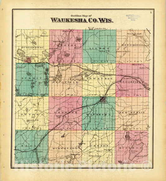 Map : Waukesha County, Wisconsin 1873 5, Antique Vintage Reproduction