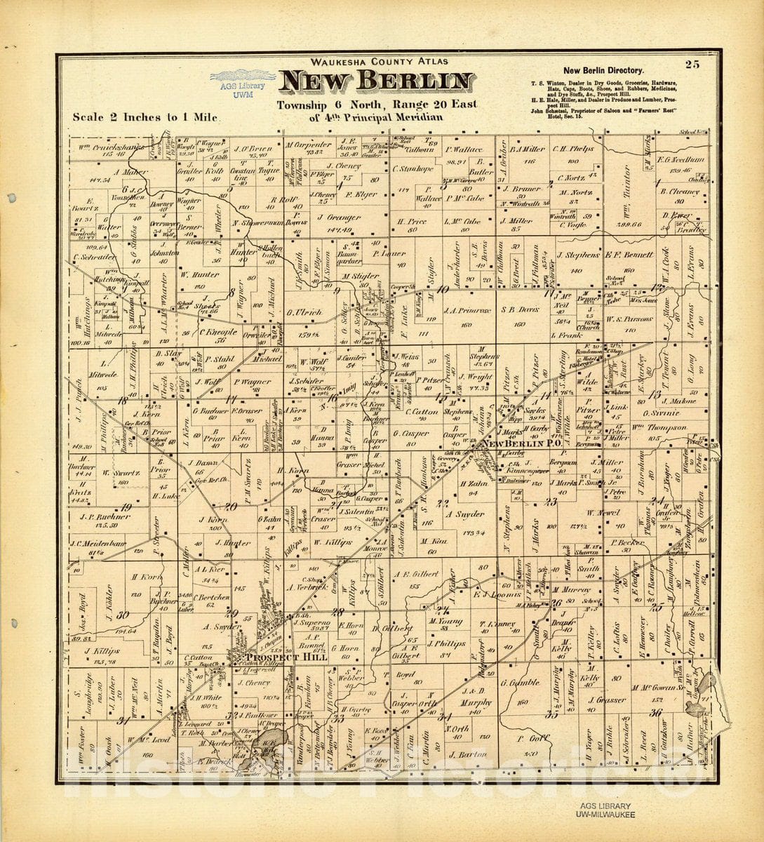 Map : Waukesha County, Wisconsin 1873 7, Antique Vintage Reproduction