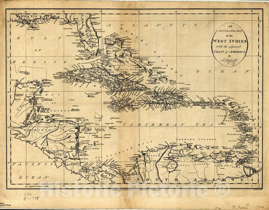 Map : West Indies 1794, An accurate map of the West Indies with the adjacent coast of America , Antique Vintage Reproduction