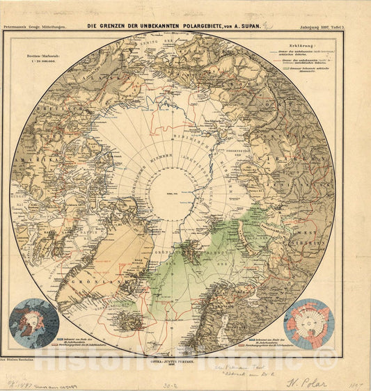 Map : Arctic region 1897, Die Grenzen der Unbekannten Polargebiete , Antique Vintage Reproduction
