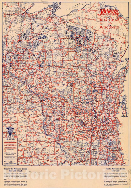Map : Wisconsin 1929, Milwaukee Journal tour club : road map of Wisconsin. Milwaukee journal., Antique Vintage Reproduction