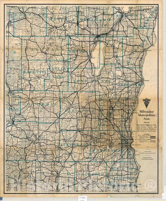 Map : Wisconsin 1932 1, Wisconsin and Milwaukee Metropolitan Area , Antique Vintage Reproduction
