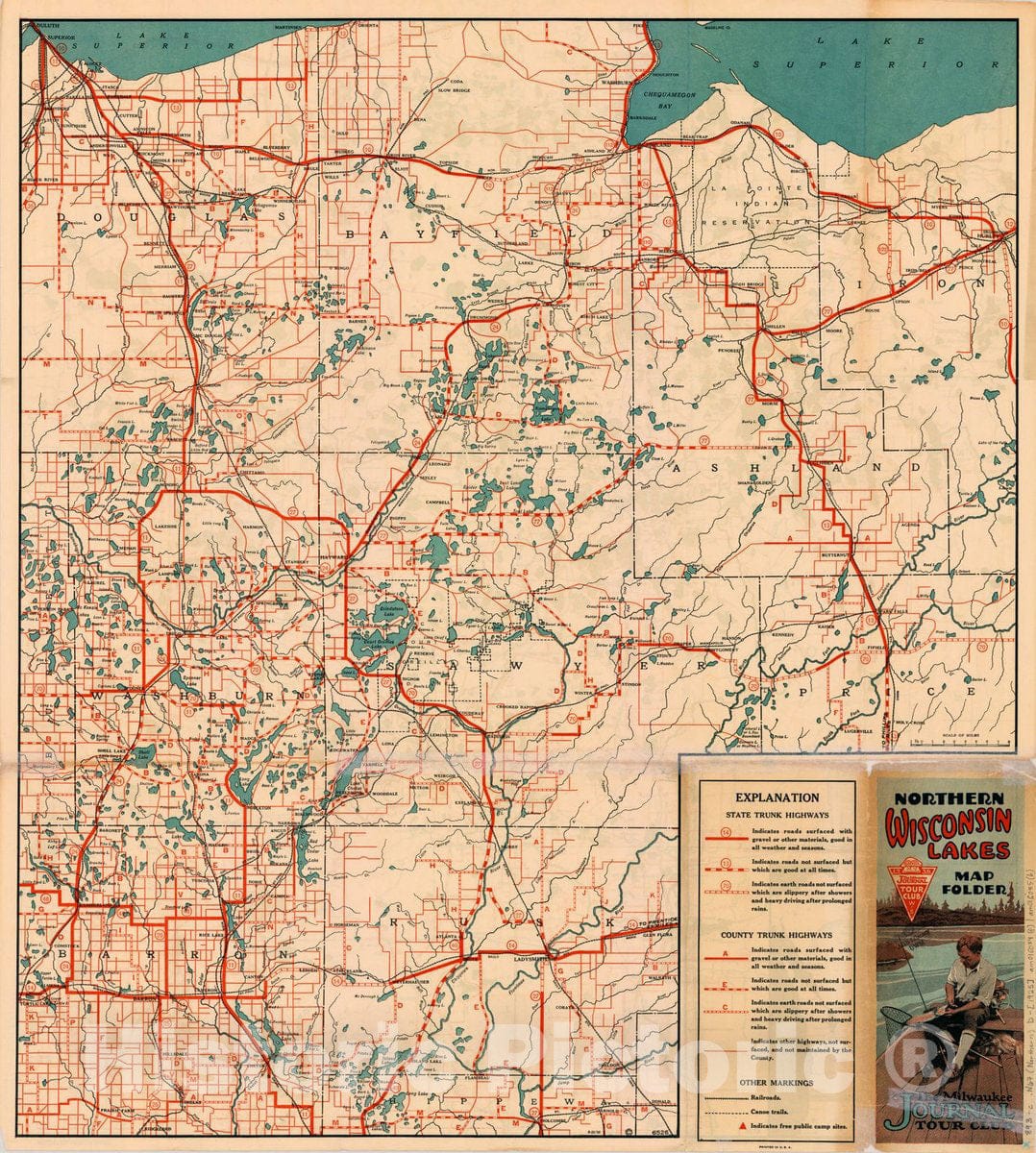 Map : Northern Wisconsin Lakes 1925 2, Northern Wisconsin lakes map folder , Antique Vintage Reproduction