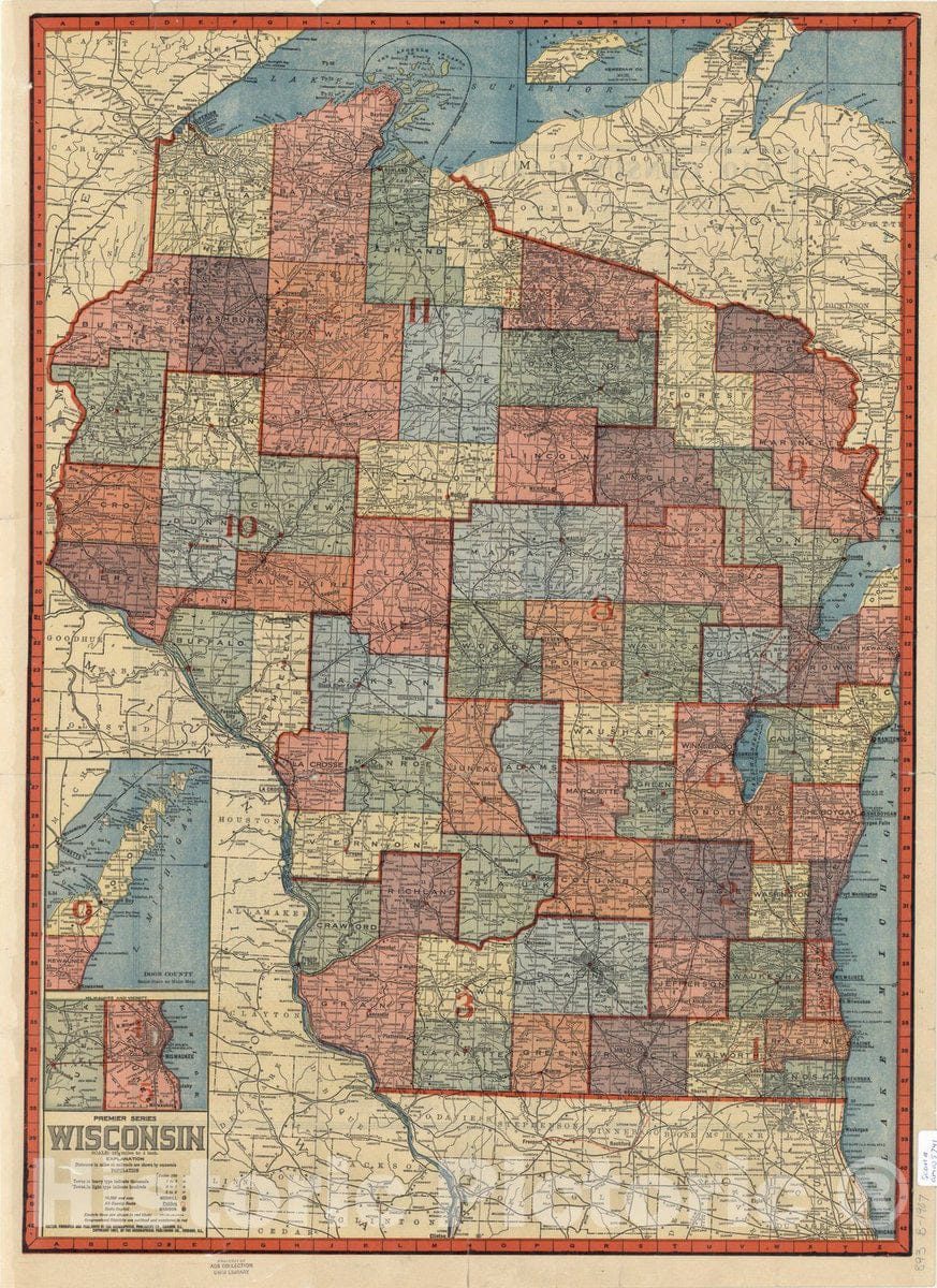 Map : Wisconsin 1910, Premier series Wisconsin , Antique Vintage Reproduction