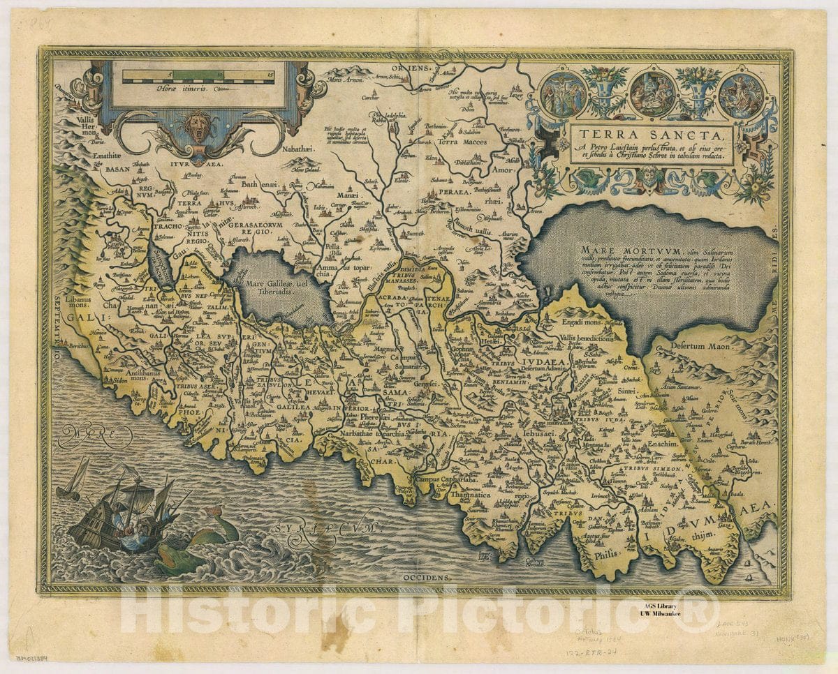 Map : Holy Land Maps #18, Terra Sancta : a Petro Laicstain perlustrata, et ab eius ore et schedis a Christiano Schrot in tabulam redacta, Antique Vintage Reproduction
