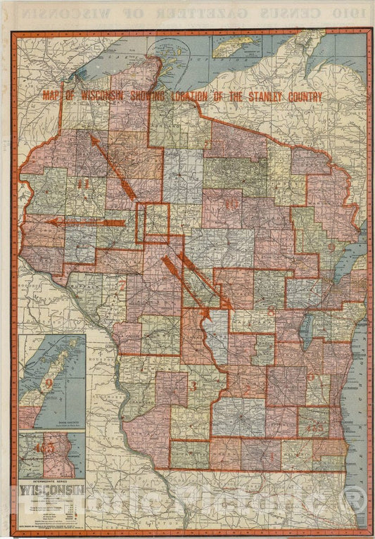 Map : Wisconsin 1914, Intermediate series Wisconsin , Antique Vintage Reproduction