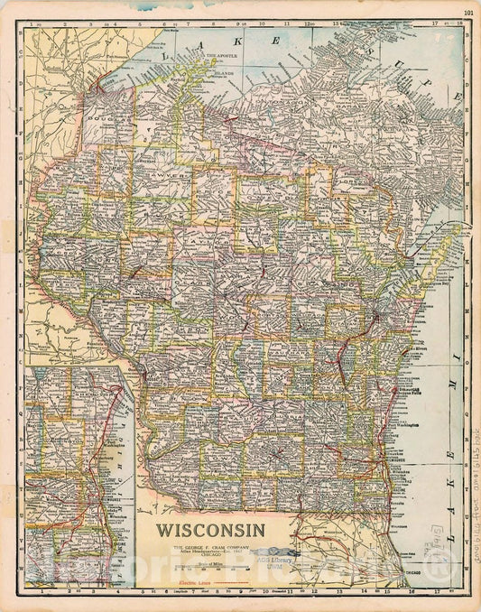 Map : Wisconsin 1915 2, Wisconsin , Antique Vintage Reproduction
